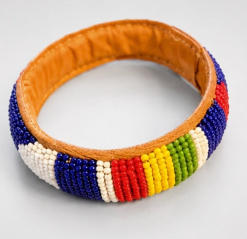 Native American Wide Beaded Bracelet, Red Blue, Southwestern Leather‎ bn-2